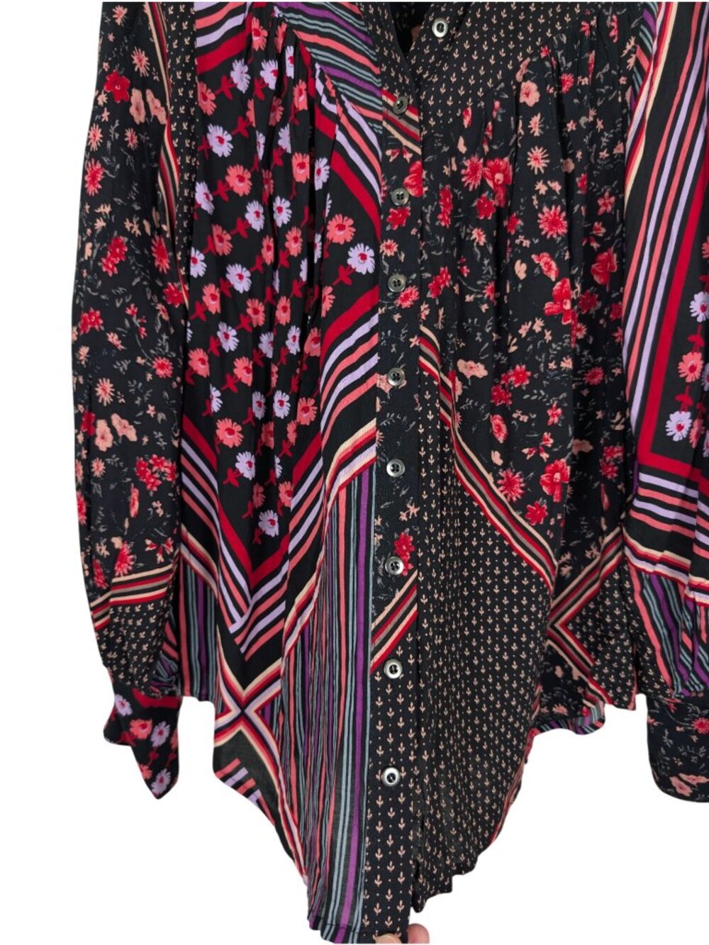 Free People Womens XS Mixed Print Button Front Blouse Boho Floral Striped Viscos - Picture 9 of 16